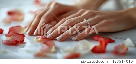 Elegant Hand with Diamond Ring and Rose Petals 123514019