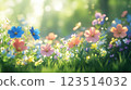 Colorful Wildflowers Blooming in a Sunlit Meadow 123514032