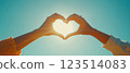 Hands Forming Heart Shape with Sunlight 123514083