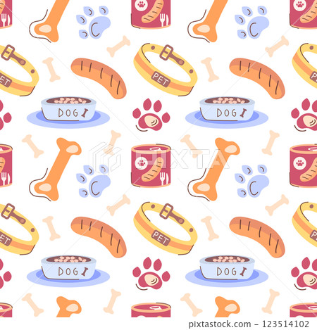 Colorful seamless pattern with accessories for dogs, pet food. Sausages, a bowl of food, a paw print, a collar. Flat vector pattern for packaging pet products, dog textiles. 123514102