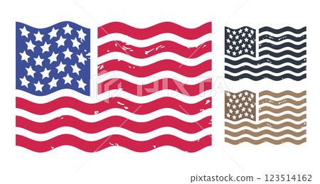 Vector set of vintage American flags. Vintage vector set of USA flags in retro style. 123514162