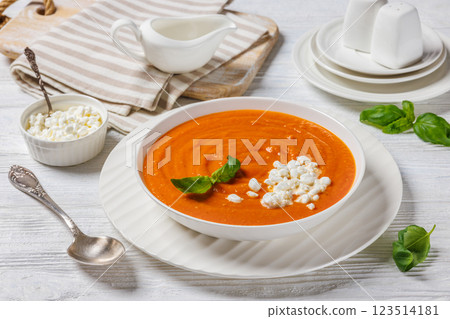roast tomato soup in a bowl, top view 123514181