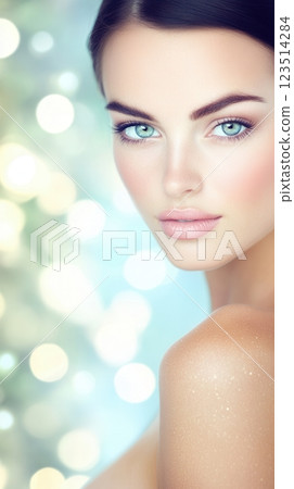 Beautiful woman showing perfect skin and makeup on shiny background 123514284