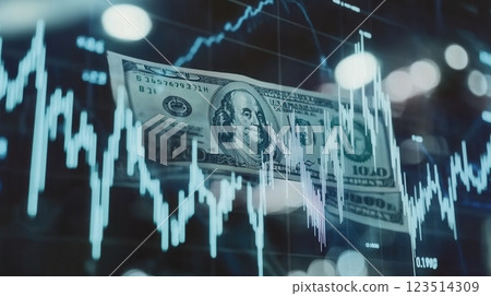One hundred dollar bills overlaying stock market charts illustrating investment 123514309