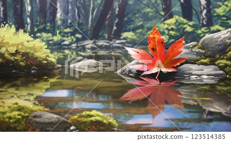 楓樹漂浮在水面上，背景是森林 123514385