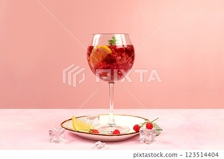 Royal lemonade cocktail with tequila, gin, rum, vodka, liqueur, lime, ice and fresh raspberries, bar and party concept, advertising card for restaurant and cafe, minimal background, . Royal lemonade cocktail with tequila, gin, rum, vodka, liqueur, lime, ice and fresh raspberries, bar and party concept, advertising card for restaurant and cafe, minimal background, . 123514404