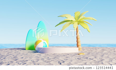 3D render, Tropical beach scene with empty podium, palm tree, surfboards, and beach ball on sandy shore 123514441