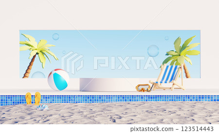 3D render, Beach scene with display podium for showing product, beach ball, pool, palm trees, lounge chair, and sunglasses 3D render, Beach scene with display podium for showing product, beach ball, pool, palm trees, lounge chair, and sunglasses 123514443