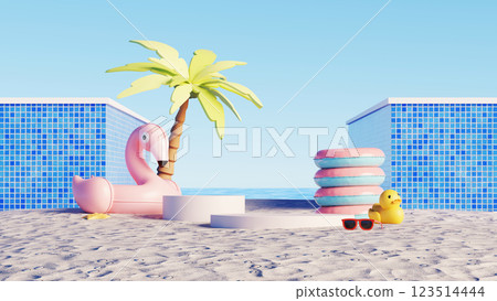 3D render, Summer beach scene with display podium, flamingo float, palm tree, inflatable rings, and rubber duck 3D render, Summer beach scene with display podium, flamingo float, palm tree, inflatable rings, and rubber duck 123514444