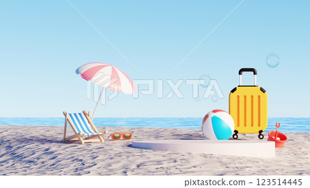 3D render, Beach scene with display podium for product presentation, umbrella, beach chair, suitcase, and beach ball 3D render, Beach scene with display podium for product presentation, umbrella, beach chair, suitcase, and beach ball 123514445