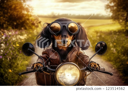 Dachshund dog wearing aviator goggles and leather jacket riding motorcycle 123514562