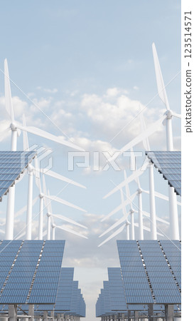 Wind turbines and solar panels generating clean energy under cloudy sky. 3d render Wind turbines and solar panels generating clean energy under cloudy sky. 3d render 123514571