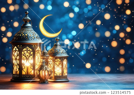 Illuminated lanterns glowing under crescent moon, eid al fitr celebration background 123514575