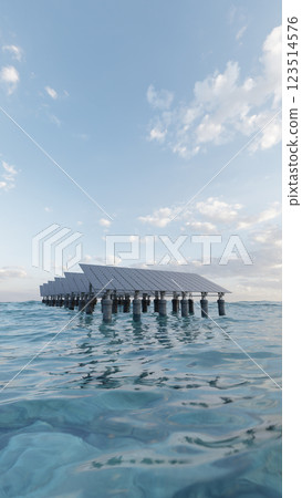 Offshore solar farm generating renewable energy in the ocean. 3d render 123514576