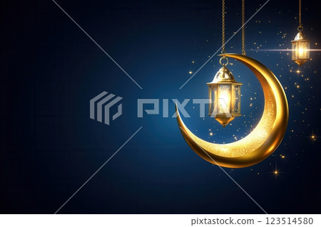 Golden crescent moon shining with hanging lanterns celebrating eid ul fitr 123514580