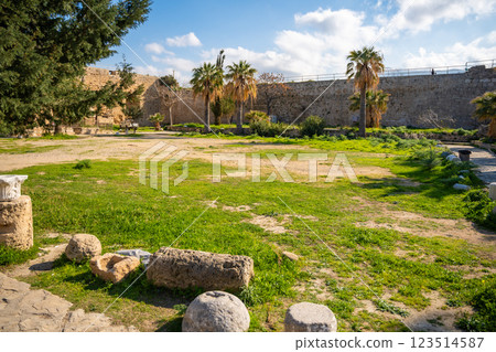 Territory of castle inside in Kyrenia old harbour without tourists, Northern Cyprus Territory of castle inside in Kyrenia old harbour without tourists, Northern Cyprus 123514587