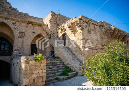 Territory of castle inside in Kyrenia old harbour without tourists, Northern Cyprus Territory of castle inside in Kyrenia old harbour without tourists, Northern Cyprus 123514593