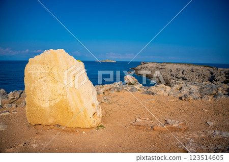 View of Kape Apostolos and Kleides Islands at the very eastern tip of the Karpasia Peninsula in the Turkish Republic of Northern Cyprus. Most easterly point on mainland Cyprus. View of Kape Apostolos and Kleides Islands at the very eastern tip of the Karpasia Peninsula in the Turkish Republic of Northern Cyprus. Most easterly point on mainland Cyprus. 123514605