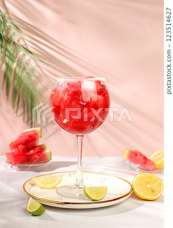 Watermelon frozen cocktail with fresh slices of watermelon, lime and mint, summer party and vacation concept, bar advertising, cafe, selective focus. 123514627