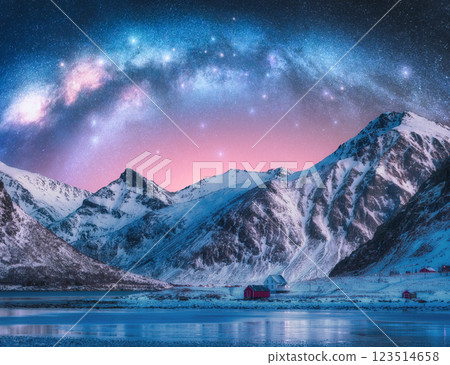 Milky Way arch, fjord and snowy mountains on starry winter night 123514658