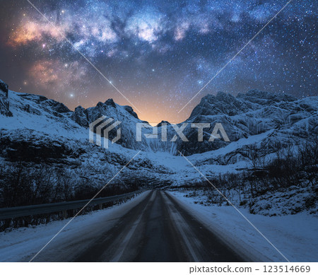 Milky Way over road, snowy mountains at winter starry night 123514669
