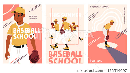 Set of school baseball game tournament, sports summer camp for young champion advertisement posters 123514697