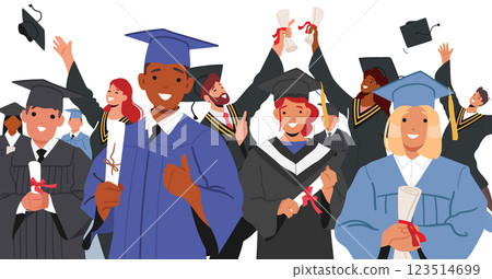 Crowd of graduating students wearing gown holding graduation academic caps, diploma certificate Crowd of graduating students wearing gown holding graduation academic caps, diploma certificate 123514699