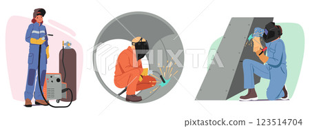 Man and woman welder laborer cartoon characters in uniform and protective helmet at work set 123514704