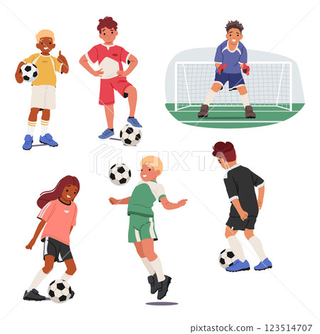 Football team game children cartoon characters wearing uniform enjoying to play with soccer ball set Football team game children cartoon characters wearing uniform enjoying to play with soccer ball set 123514707