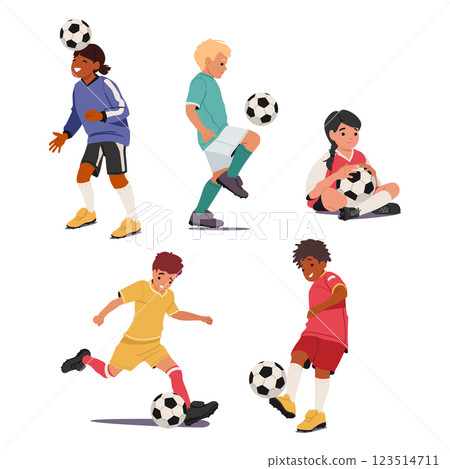 School football club little participants children soccer player cartoon characters enjoying training School football club little participants children soccer player cartoon characters enjoying training 123514711