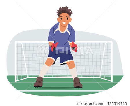 Talented boy goalkeeper cartoon kid character protecting gate from goal scoring vector illustration 123514713