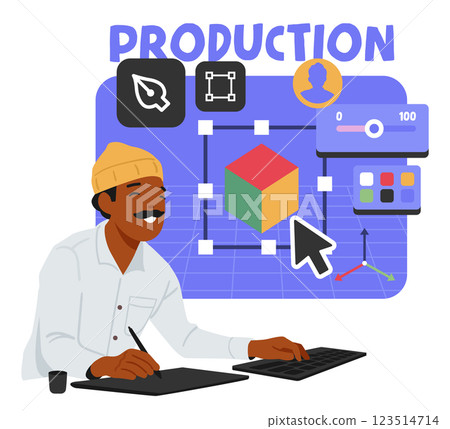 Production stage of video game development process scene with experienced artist engaged in work 123514714