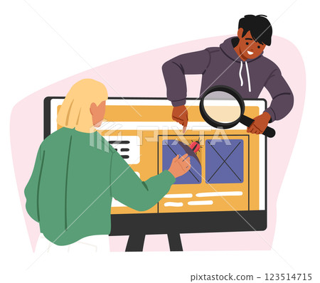 IT specialists team engaged in software testing process looking for program bugs and error 123514715