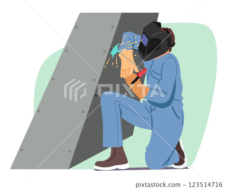 Welder repairing steel construction working with special tools providing professional service 123514716