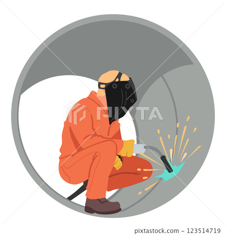 Man welder working in huge pipe welding metal construction soldering steel inner surface scene 123514719