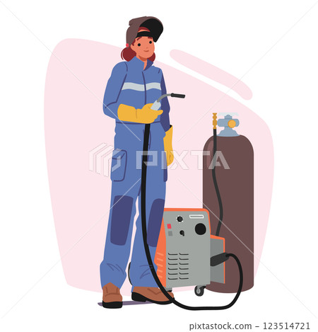 Woman welder cartoon character ready for professional service standing with industrial torch furnace 123514721