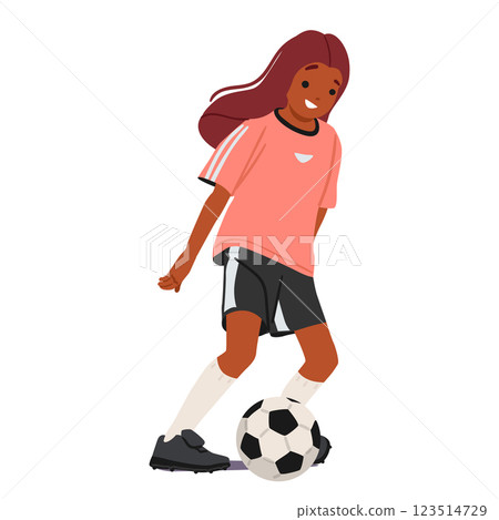 Girl football player cartoon character running with soccer ball playing game isolated on white 123514729