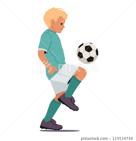 Skilled boy child little footballer character kicking soccer ball with leg knee isolated on white Skilled boy child little footballer character kicking soccer ball with leg knee isolated on white 123514739