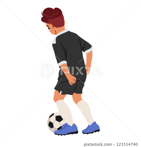Little boy child football player cartoon character running with soccer ball view from behind Little boy child football player cartoon character running with soccer ball view from behind 123514740