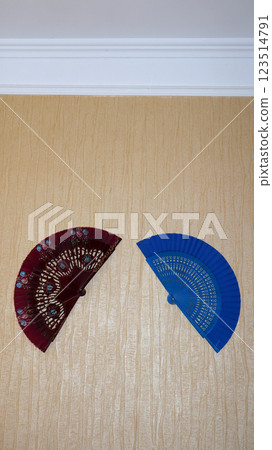 Decorative wall fans in a stylish interior design showcasing cultural art elements 123514791