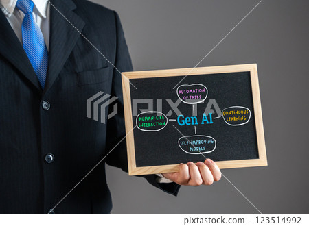 Gen AI in Business. Man holds a tablet with a Gen AI transcript in his hand. Artificial intelligence revolutionizes business. 123514992