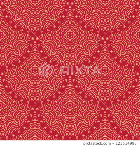 Vector Japanese seamless pattern in oriental geometric traditional style. Festive ornament for lunar chinese new year decoration. Red and golden asian creative motif. Abstract Waves and Circles 123514995