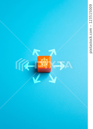 Block with a ship's wheel and arrows indicating movement in any direction. The concept of freedom of action and room for maneuver, leadership and enterprise. Flexibility and adaptability. Block with a ship's wheel and arrows indicating movement in any direction. The concept of freedom of action and room for maneuver, leadership and enterprise. Flexibility and adaptability. 123515009