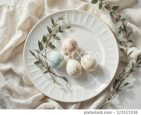 Minimalist Easter composition with pastel eggs and eucalyptus on a white plate, soft and elegant setting Minimalist Easter composition with pastel eggs and eucalyptus on a white plate, soft and elegant setting 123515336