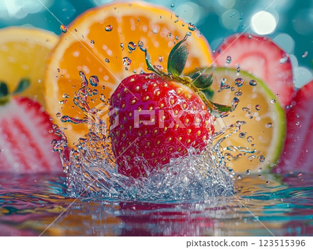 Fresh red strawberry splashing into water with vibrant colors. 123515396
