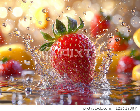 Fresh red strawberry splashing into water with vibrant colors. 123515397