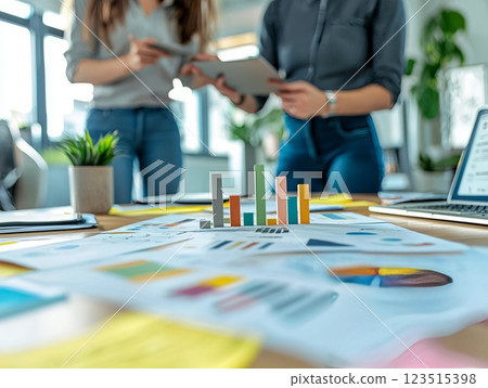 Business team analyzing financial reports in a modern office. 123515398