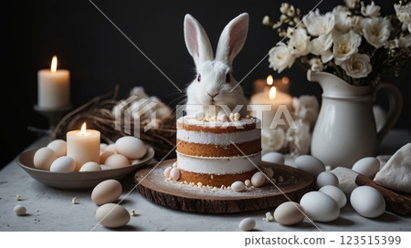 White fluffy Easter bunny with natural eggs in a rustic setting. 123515399