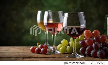 Elegant glasses with drinks and grapes against a green background 123515420
