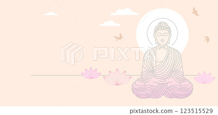 Buddha Purnima, Vesak Day minimalist linear concept design with Buddha and lotus illustration 123515529